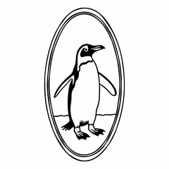 A stylized black and white illustration of a penguin standing upright within an oval frame depicted with simple lines and solid fill evoking a classic emblem or logo design