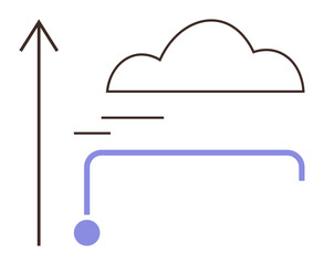 Vertical arrow pointing upward, cloud outline above, and curved connecting line with a circle. Ideal for growth, innovation, upward trends, connection, technology future simplicity. Minimal flat