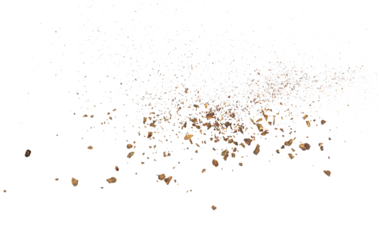 Pieces and dust of tree bark flying, isolated on white background and texture, clipping path	