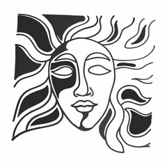 Abstract minimalist line art illustration of a sun with a human face and flowing rays in a graphic style with bold black and white contrast