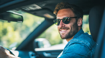 Smiling man wearing sunglasses and denim jacket enjoying a sunny day while driving a car surrounded by lush green outdoor scenery viewed through the side window