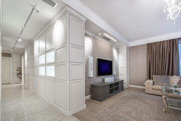 Modern living room design with elegant furniture and stylish decor in a spacious interior.