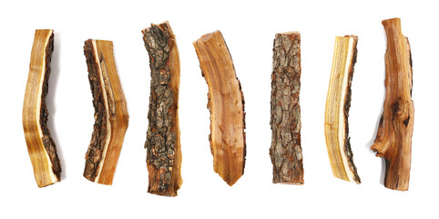 Set firewood, log fire wood isolated on white background, clipping path, top view