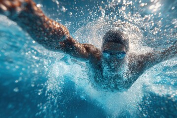 Dynamic photograph of a male swimmer diving underwater with arms extended and splash.