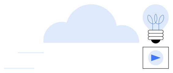 Light bulb sprouting leaves, cloud, and play button represent environmental innovation, cloud computing, growth, digital progress, sustainability, energy efficiency. Ideal for technology ecology