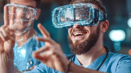 Medical professionals using augmented reality headsets to interact with digital holograms in a clinical setting