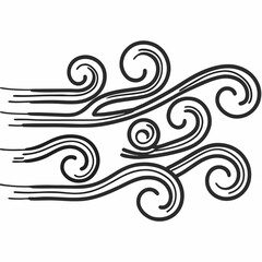 Stylized black ink drawing of swirling wind currents and flowing lines creating a sense of movement and atmospheric energy on a white background perfect for design elements