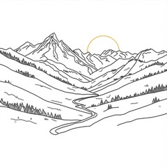 Line Art Mountain Valley Landscape with Winding Road at Dawn
