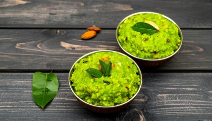 Green dish in copper bowls on dark wood