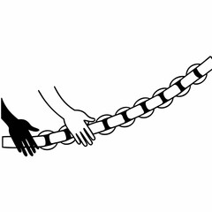 Two hands one black and one white grasp a chain link symbolizing unity connection and breaking barriers between different people and cultures