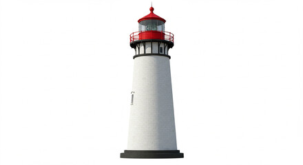 Majestic Coastal Lighthouse: A Stunning 3D Render of a Classic White Brick Beacon with a Red Lantern Room, Isolated on a Pure White Background - Perfect for Nautical, Travel, and Architecture Proje...