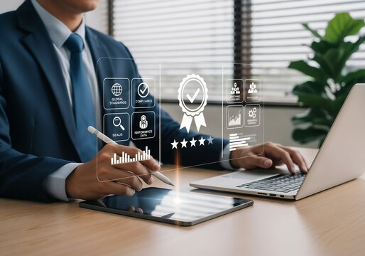 A businessman in a formal suit interacting with a futuristic holographic interface displaying quality assurance and compliance certification icons. He's using a stylus on a digital tablet, with a focu