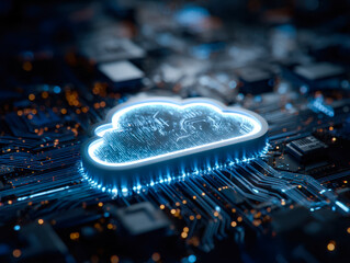 Digital cloud icon representing cloud computing on a high-tech circuit board