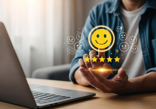 : A man in a casual shirt interacts with a floating interface to give a customer satisfaction rating. His finger is selecting a happy face emoji from a range of emotions, with a five-star rating below