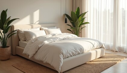 Bright luxury bedroom features king size bed with crisp white linens, soft pillows, neat duvet. Natural sunlight streams through sheer curtains, illuminating wooden floor, large potted plants.