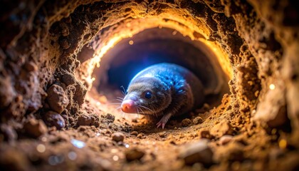 Mole in burrow with earthy tunnel, closeup, wildlife, nature, and habitat.