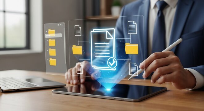  A businessman uses a stylus on a digital tablet, interacting with a holographic document management system. The interface shows a network of interconnected files and folders, centered around one main - Powered by Adobe