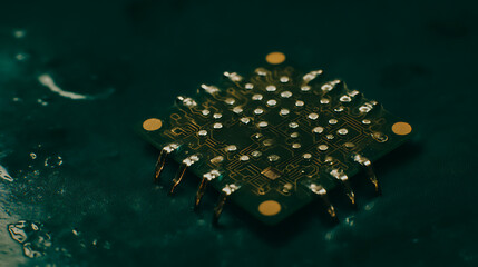 Close-up of a microelectronic circuit board with metallic pins and solder points on a dark surface