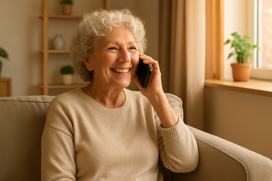 Cheerful Senior Woman Talking on Smartphone at Home