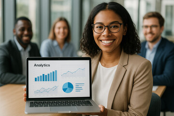 Professional Woman Presenting Analytics on Laptop in Meeting