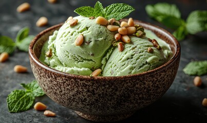 Pistachio ice cream in a bowl, garnished with mint and pine nuts