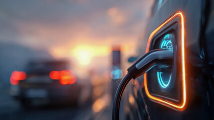 Electric vehicle charging at dusk featuring illuminated connector port and blurred traffic in the background during vibrant sunset hours on city road