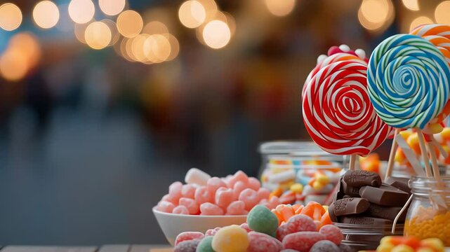 Colorful assortment of candy, sweets, and lollipops on a table. Close-up of a dessert buffet with a festive bokeh background. Sweet indulgence and party celebration concept.