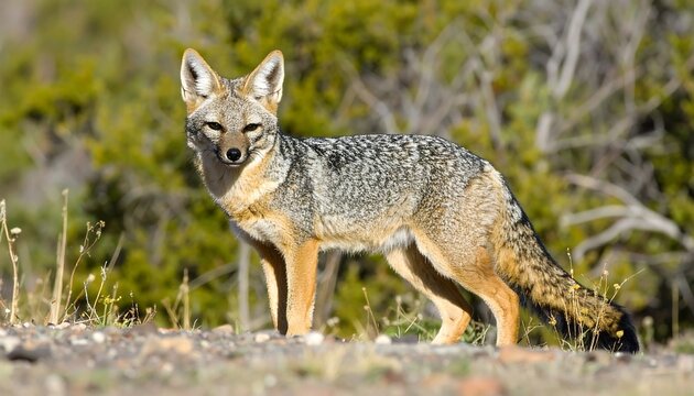A wild canine stands alert amidst muted greens