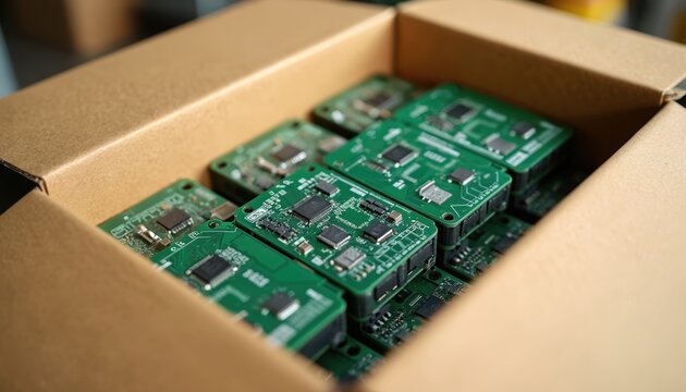 Green circuit boards with microchips neatly arranged in brown cardboard boxes, ready for technology manufacturing, supply. Electronic components represent innovation, engineering, computer hardware - Powered by Adobe