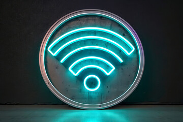 Neon Wi-Fi Sign with Radiant Blue Glow on Dark Background