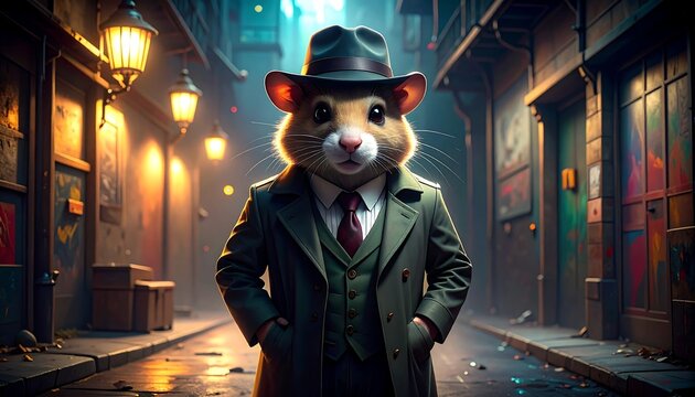 Dapper rodent detective in a shadowy alley