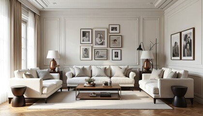 Fototapeta premium Elegant living room with gallery wall. Features sophisticated furniture, modern, vintage decor blend. White sofas, wooden coffee table, patterned rug, designer lamps create stylish, comfortable