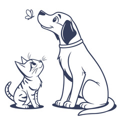 Illustration of a dog and cat looking at a butterfly the dog is sitting and looking up at the butterfly, while the cat is sitting and looking up at the butterfly