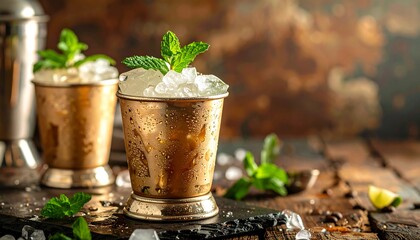 Copper mugs of a refreshing drink with ice and mint