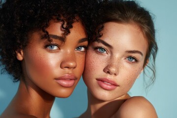 Obraz premium Close-up portrait of diverse young women with natural beauty and clear skin against blue background.