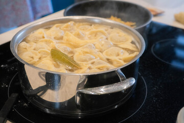 Pelmeni - russian national kitchen. Boiled tiny dumplings stuffed with beef. Shallow depth of field.