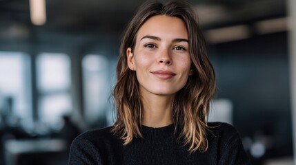 Obraz premium Close-Up Portrait of a Smiling Young Woman with Wavy Hair in Modern Indoor Setting.