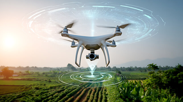 Drone flying over agricultural fields with digital scanning interface