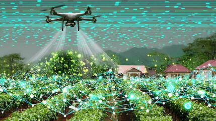 Drone monitoring agricultural field with digital network overlay and data visualization