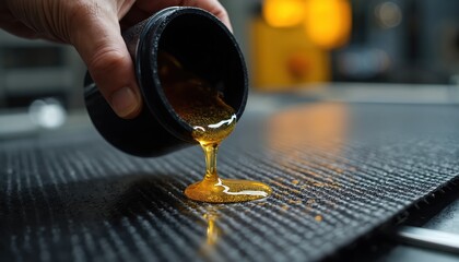 Close-up pouring epoxy resin onto woven carbon fiber fabric. Manufacturing composite sheets with twill pattern texture. Lightweight, strong material for automotive, motorsport, luxury goods.
