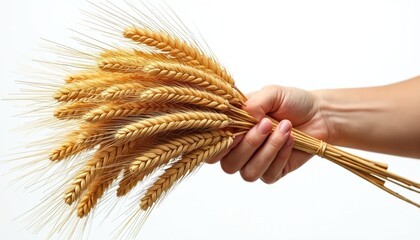 Golden wheat stalks held in hand symbolize agriculture, harvest. Grain represents nature, crop production, farming. Signifies rural life, organic growth, bounty of earth. Bundle evokes summer,