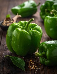 Fresh green peppers on a rustic wooden surface