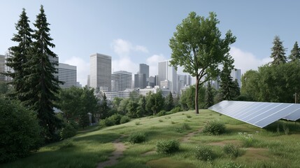 Solar energy installation on a green hill with city skyline. Sustainable urban development showcasing renewable power generation technology.