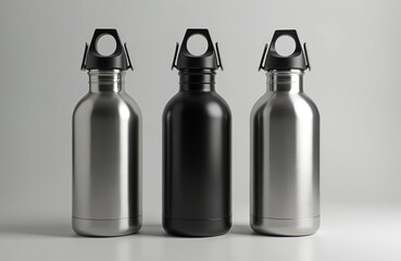Three stainless steel, black metallic bottles for drinks. Portable containers suitable for biking, camping, sports. Shiny, clean metallic surface with black stoppers, clips, ready for hydration needs.