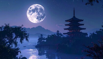 Naklejka premium Nighttime Asian temple landscape