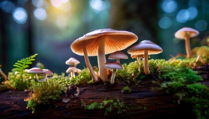 Fototapeta premium Mushrooms Growing On Log Surrounded By Vibrant Moss And Greenery Create Whimsical And Enchanting Forest Scene Colorful Caps Add Magical Touch To Natural Setting