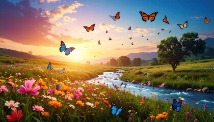 Butterflies flying over a floral field at sunset.