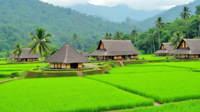 Traditional houses near rice fields surrounded