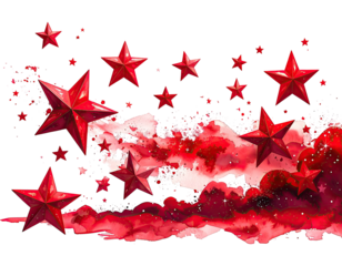 Red stars burst across a red watercolor background