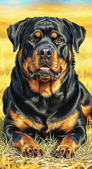 Fototapeta premium Rottweiler resting in golden grass under a clear sky during sunset in a serene outdoor setting